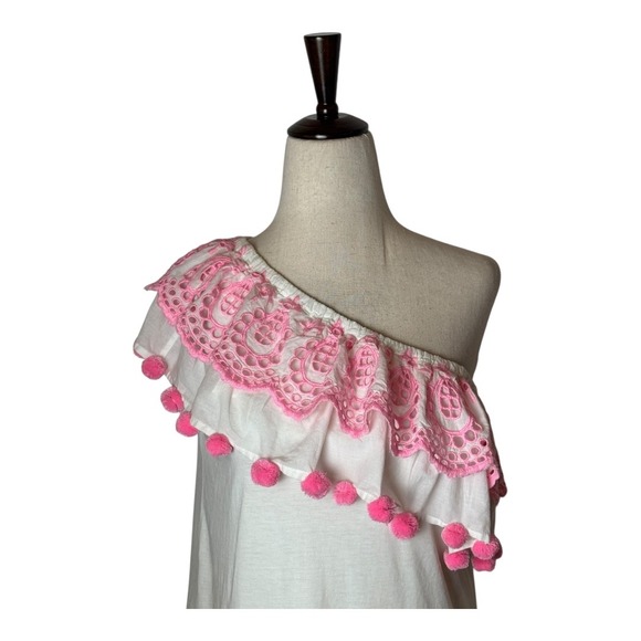 Lilly Pulitzer Shirt Women Small White Pink Idara One Shoulder‎ Eyelet Pom Pom - Picture 5 of 12